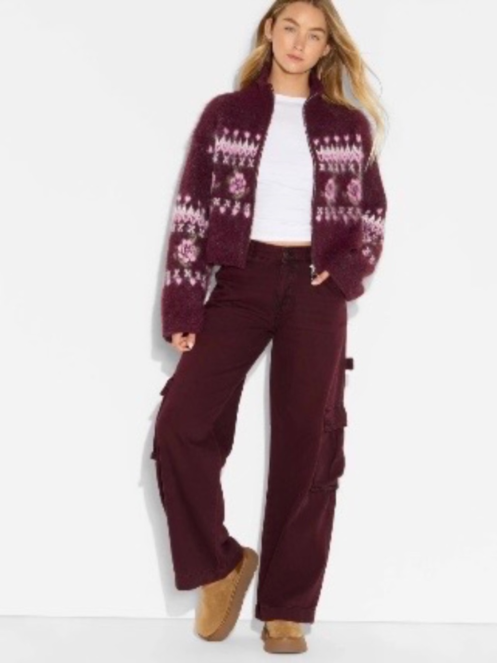 Women’s Full Zip Mock Neck Cardigan - Wild Fable Burgundy Floral L